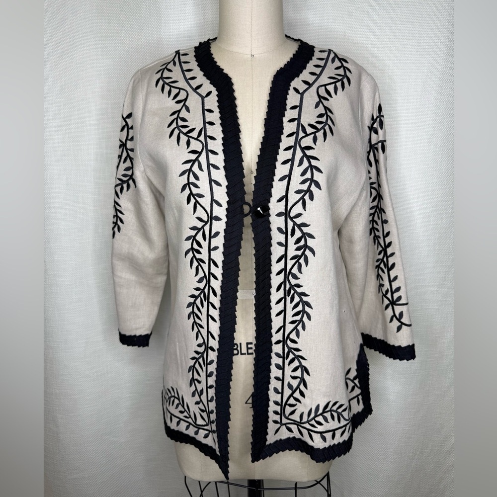 Linea Louis Dell Olio Embroidered Jacket Size S Linen Blend Black Chic - Picture 2 of 7